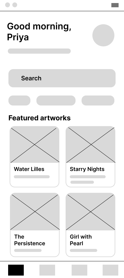 Lo-fi wireframe of the home and featured artworks screen