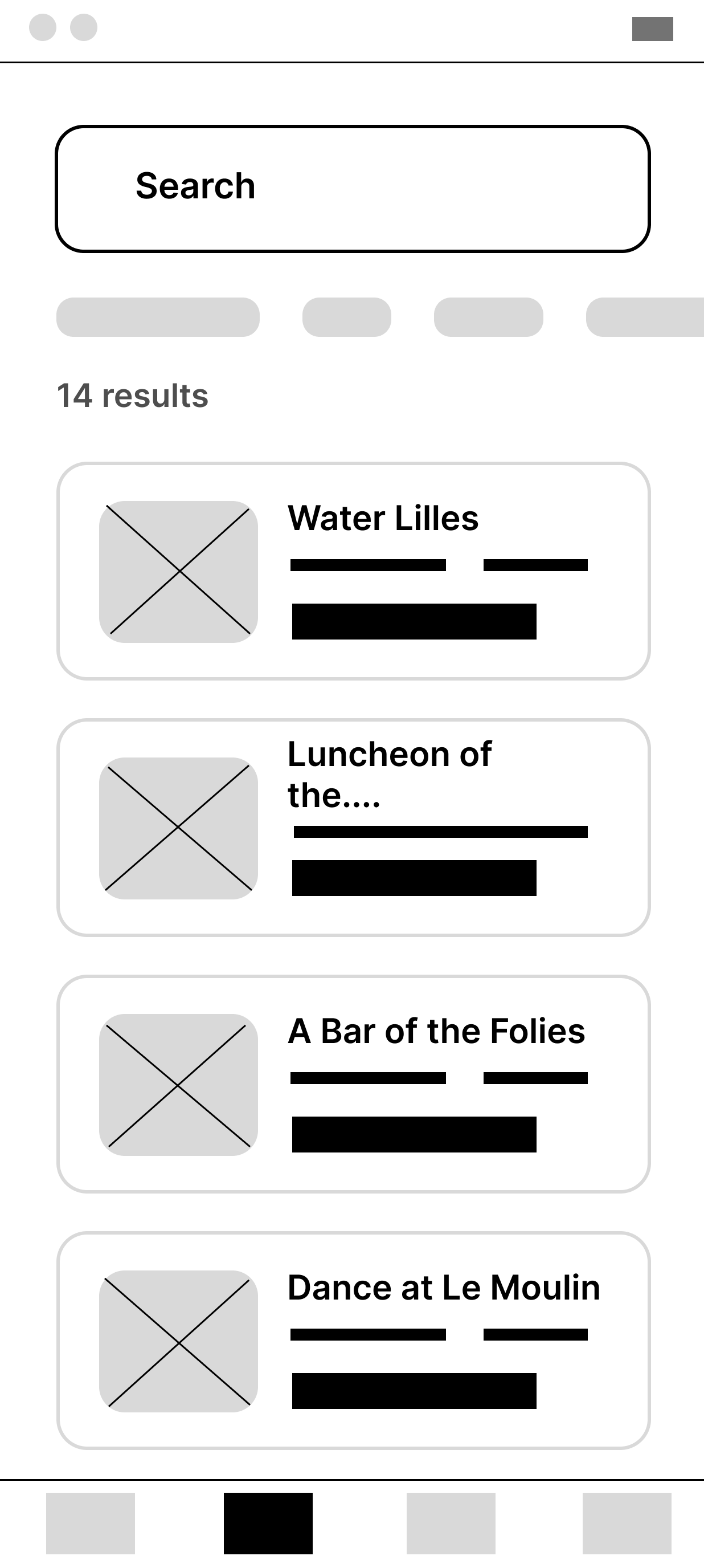 Lo-fi wireframe of the artwork detail screen with save to collection