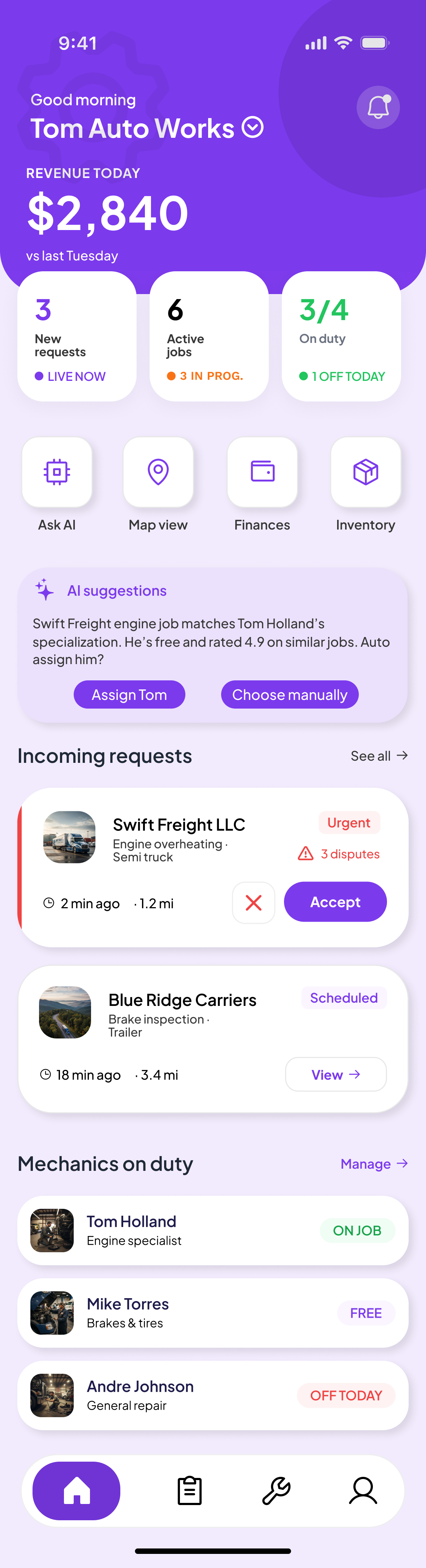Revenue, live counts, quick actions, and an AI suggestion the owner can accept or override