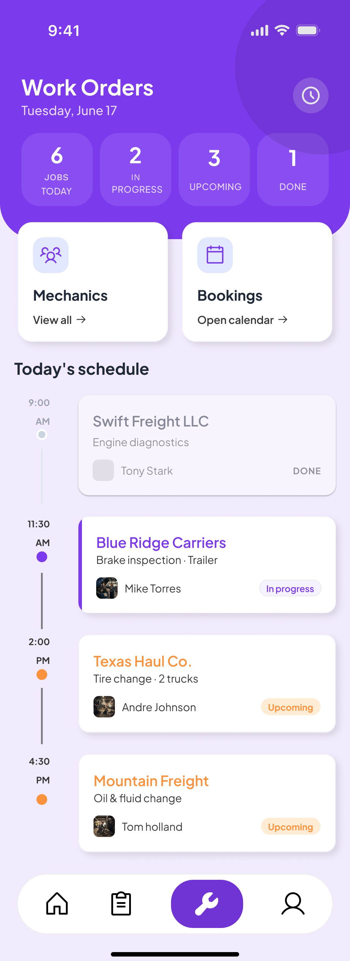 Today's schedule on a timeline, with mechanic and status per job