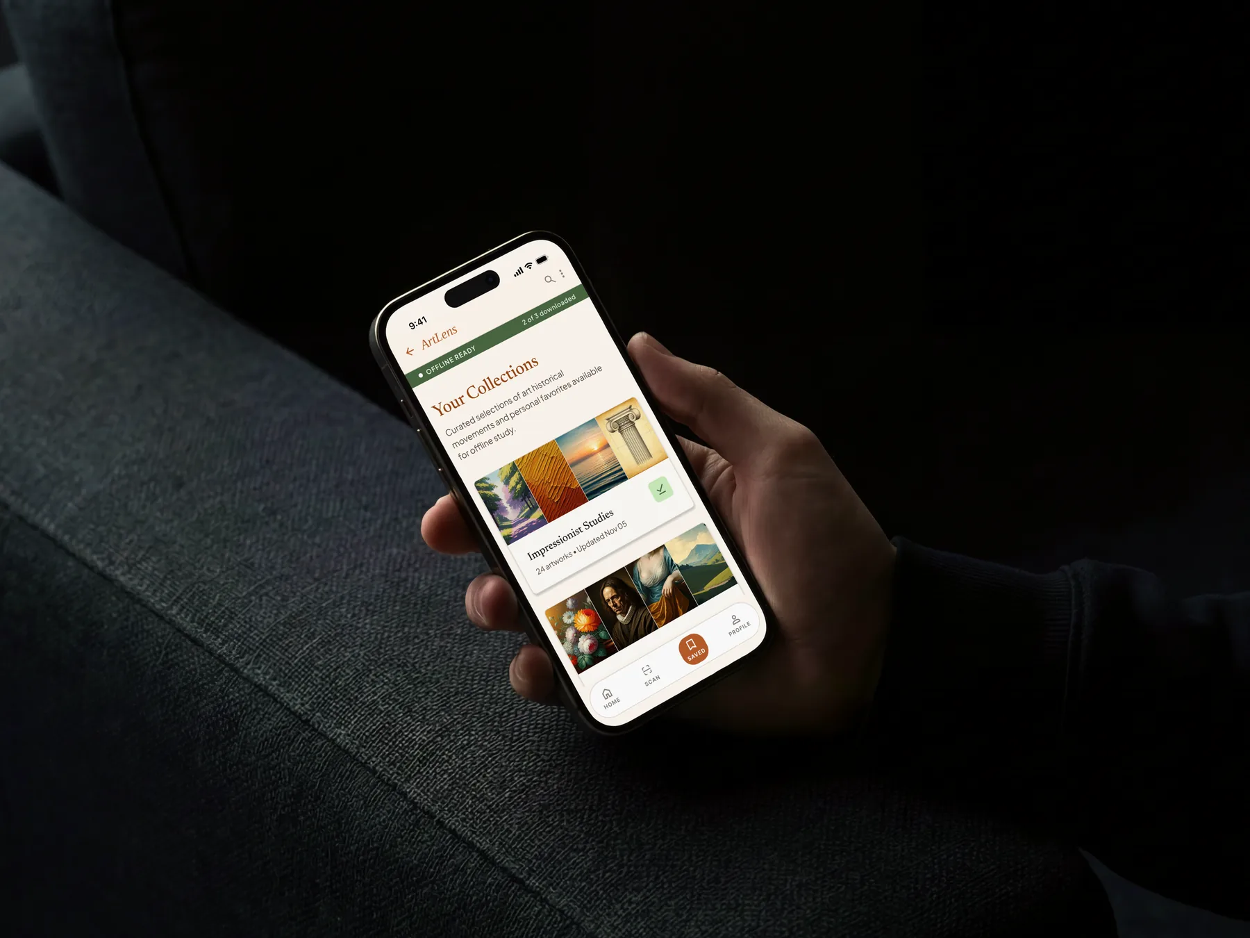 ArtLens collections screen, offline ready, held in a hand