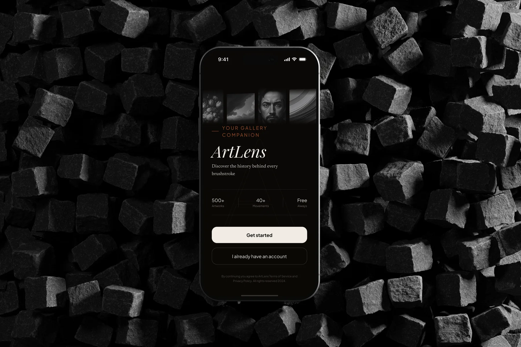 ArtLens welcome screen in a dark gallery style