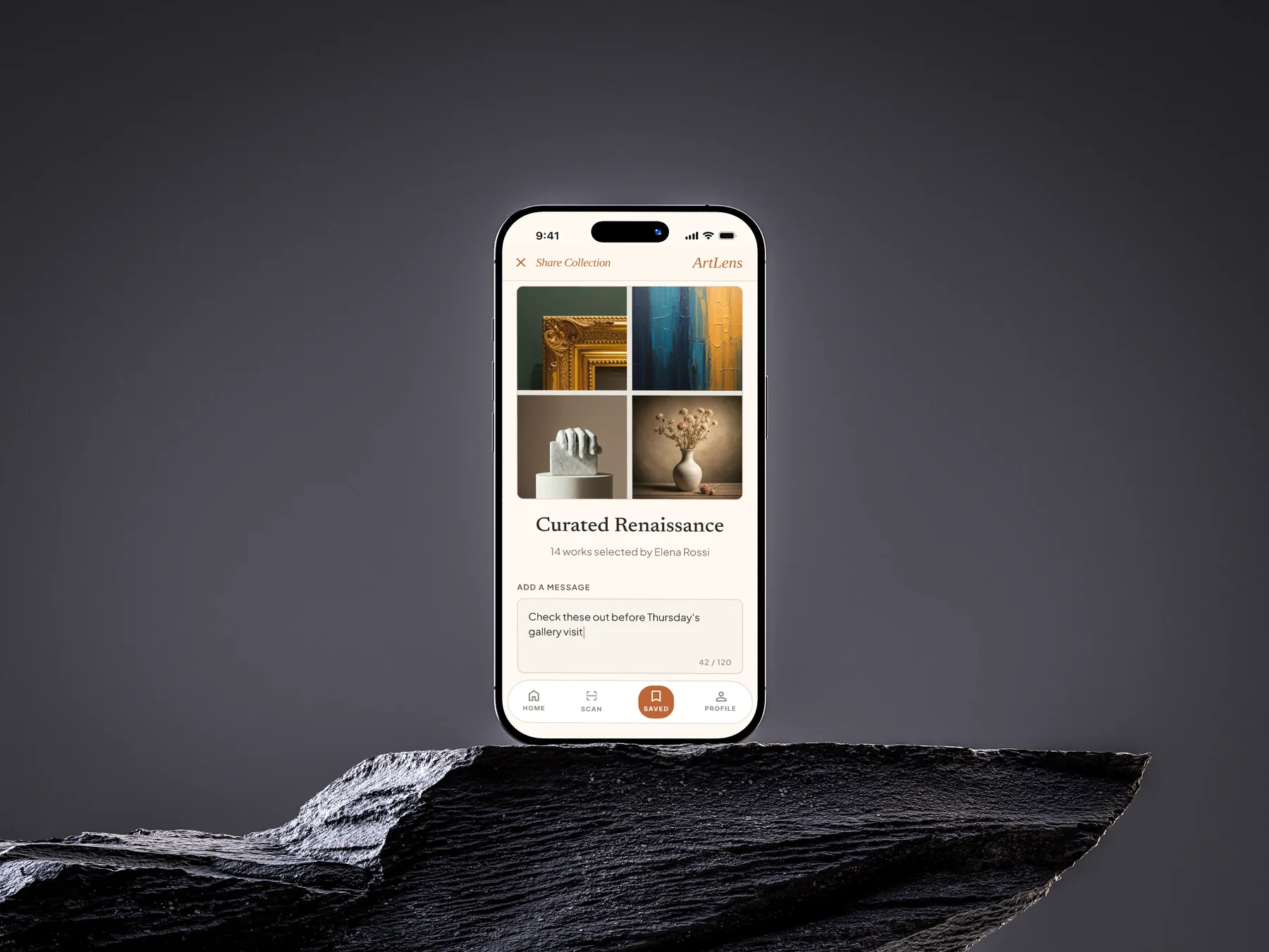 ArtLens share collection screen with a message for students