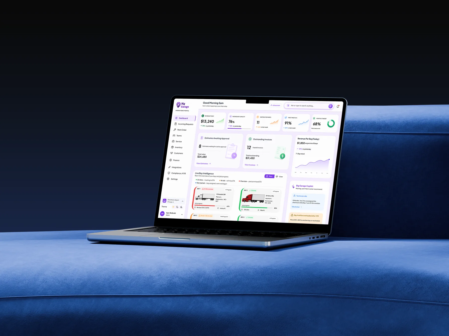 Repair Shop Portal dashboard on a laptop: KPI row, estimates, invoices, live bay intelligence and the AI copilot