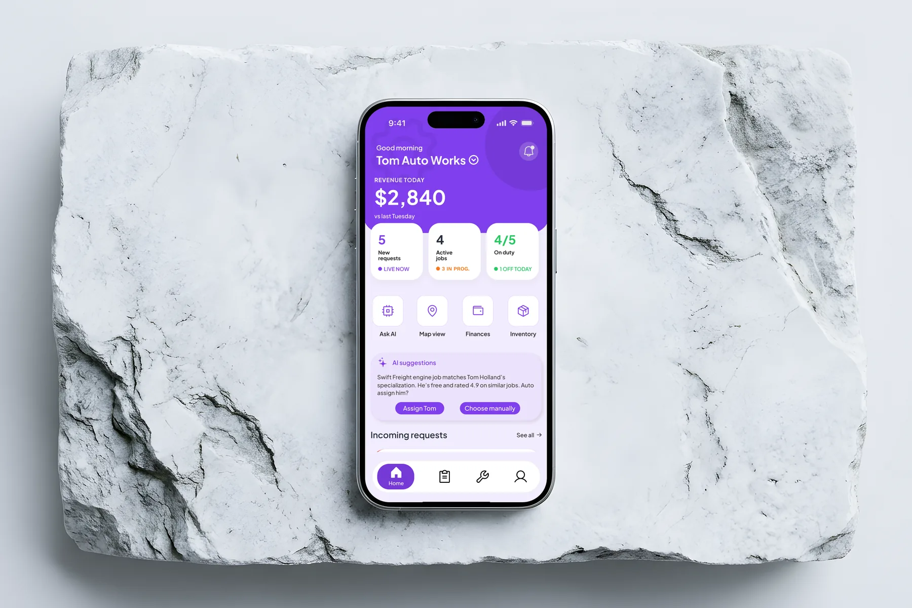 Repair Shop app dashboard: revenue today, new requests, active jobs, crew on duty and an AI suggestion