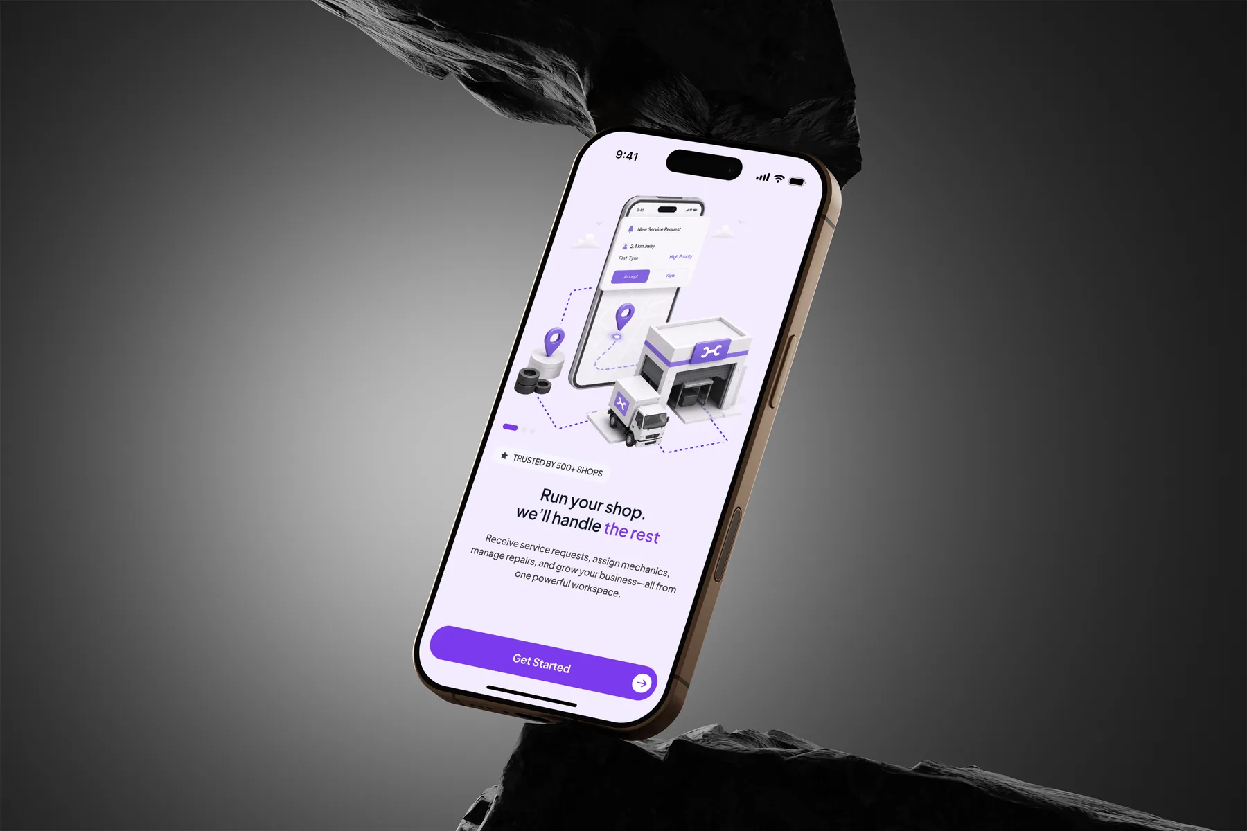 Repair Shop app onboarding on a phone: Run your shop, we'll handle the rest