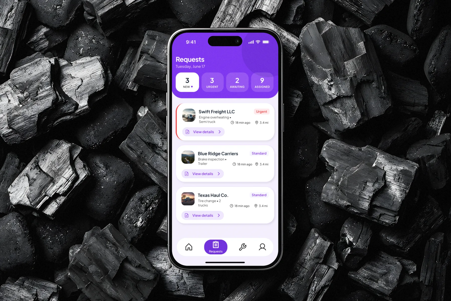 Repair Shop app requests tab: new, urgent, awaiting and assigned jobs with distance and time
