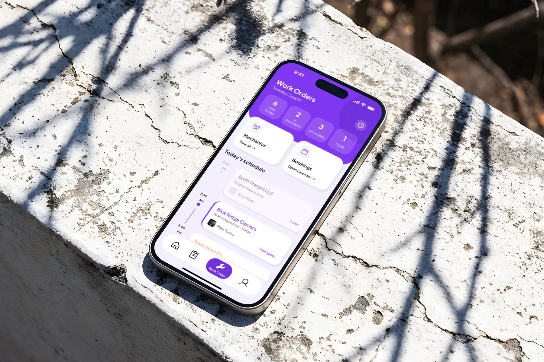 Repair Shop app work orders tab: jobs today and a timeline of the day's schedule